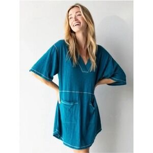 NWT Natural Life Charlie Teal Blue Cotton Slub V-Neck Beach Coverup Dress Large